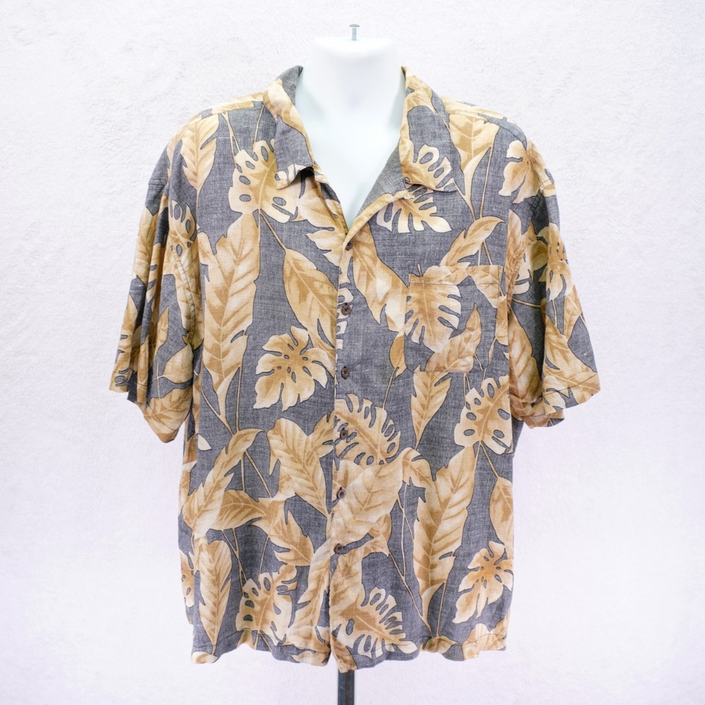 Panama Jack -3XL- Ramie Cotton Gray Tan‎ Floral Hawaiian Dress Shirt